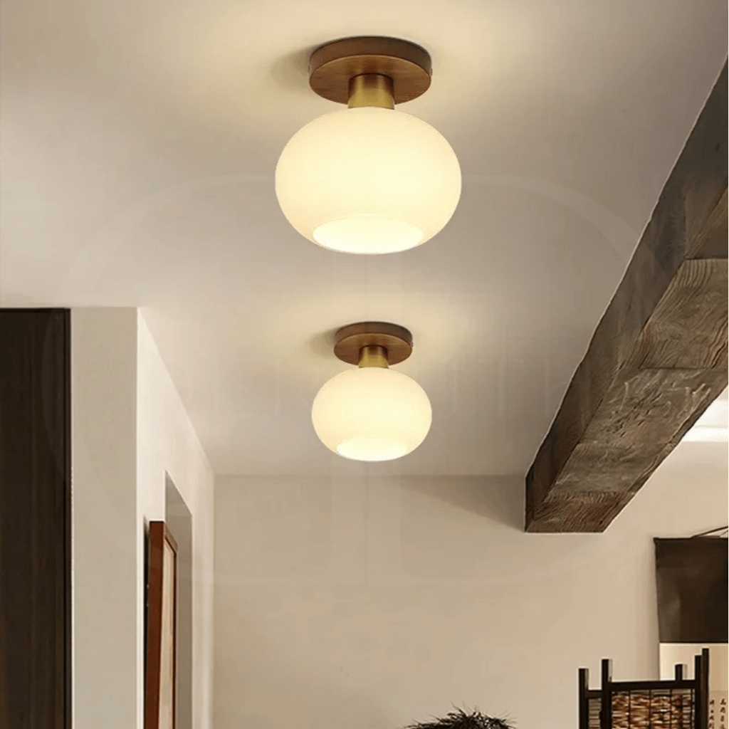 Deckenleuchte Holz & Milchglas