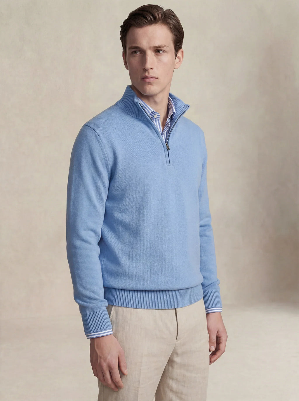 Suéter com Meio Zíper de Cashmere Azul Claro