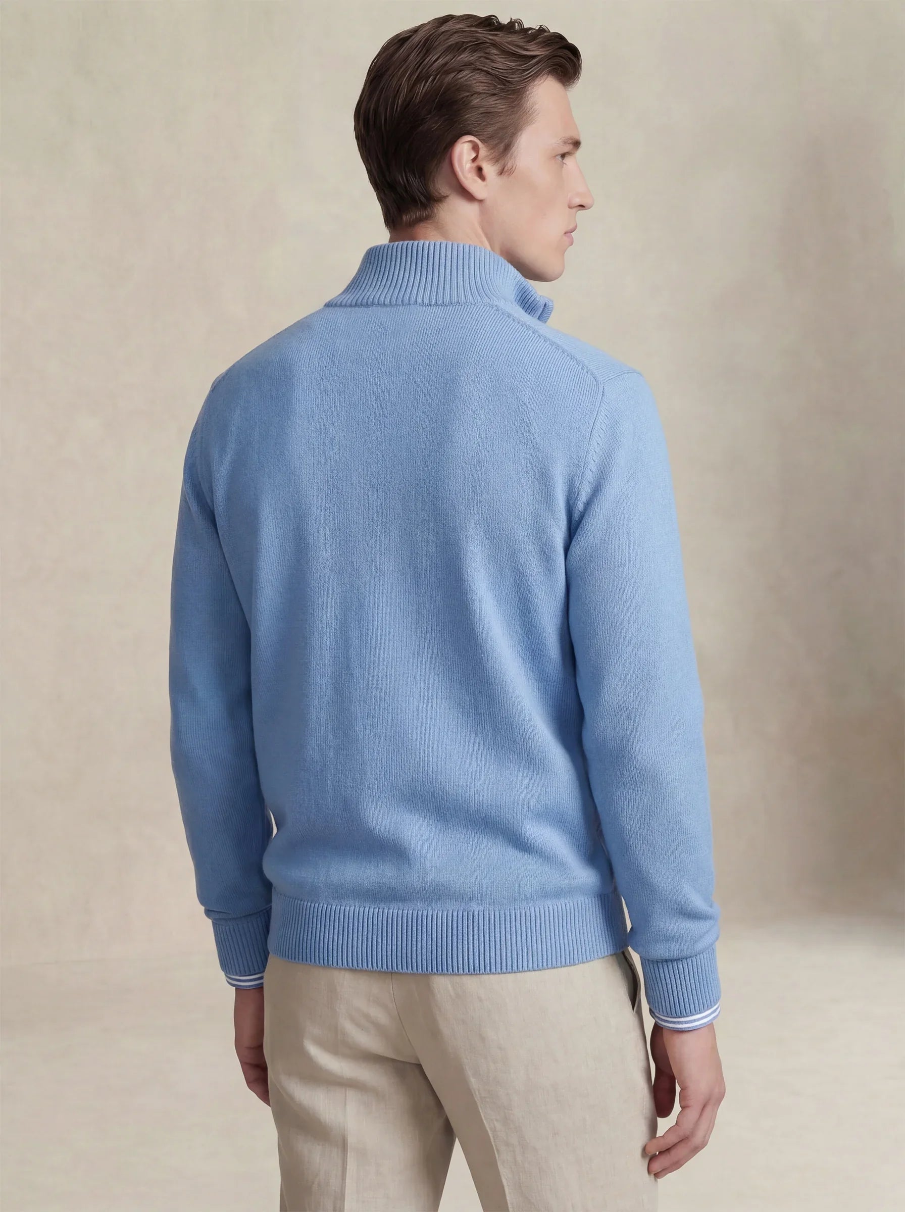 Suéter com Meio Zíper de Cashmere Azul Claro